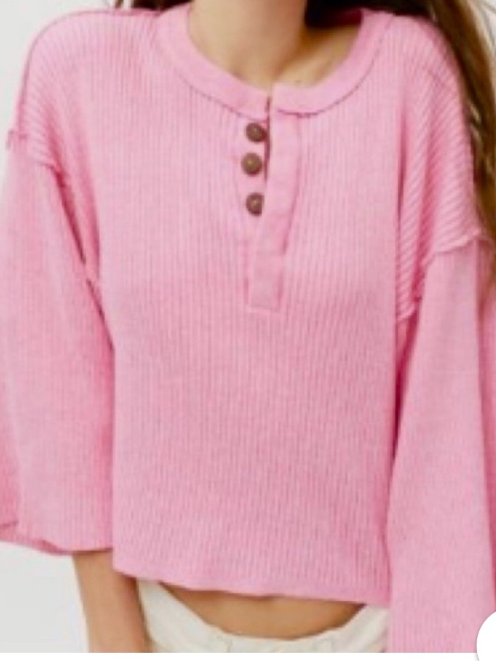 Urban Outfitters Lighweight Ribbed Henley Cropped Bell Sleeve Top